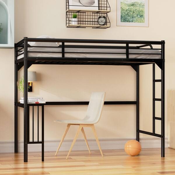 slide 2 of 12, Twin Loft Bed with Desk, Ladder and Guardrails, Bookdesk Under Bed in Black Black