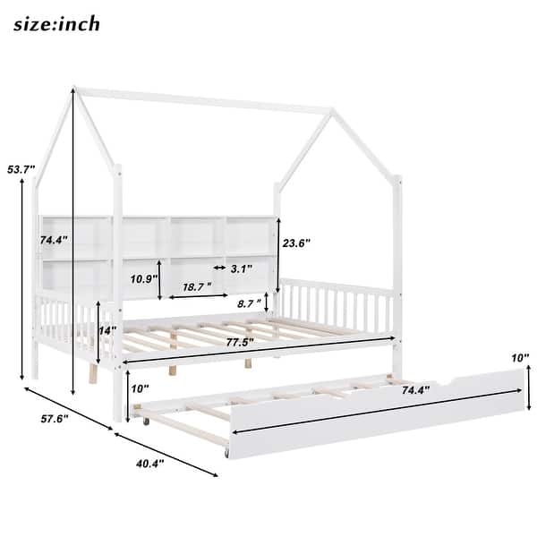Full Size Kids Bed with Trundle and Back Shelf, Wooden House Frame with Roof and Play Area Design