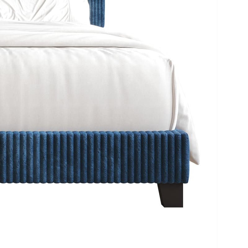 CraftPorch Corduroy 4-pieces Mid-Century Modern Navy Blue Bed with Light Grey Furniture Bedroom Set