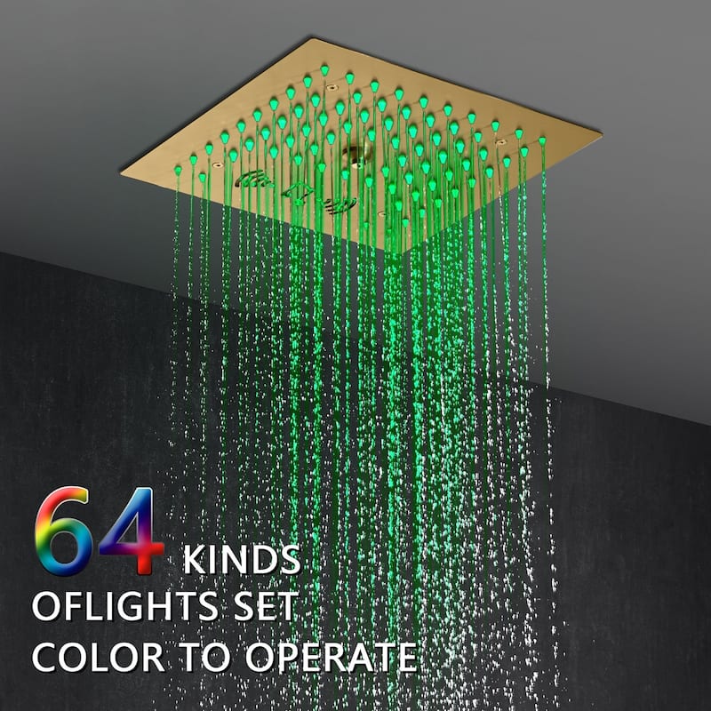 brushed gold 12 inch rain mist 64 LED lights bluetooth music 4 way thermostatc shower faucet - 7'6" x 10'9"