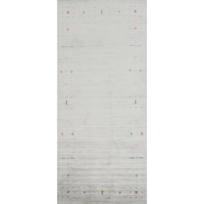 Hand Knotted Oriental Viscose Silk Carpet Tribal Animal Pictorial Beige & Ivories Gabbeh Runner Rug - 11' 9'' X 4' 5''