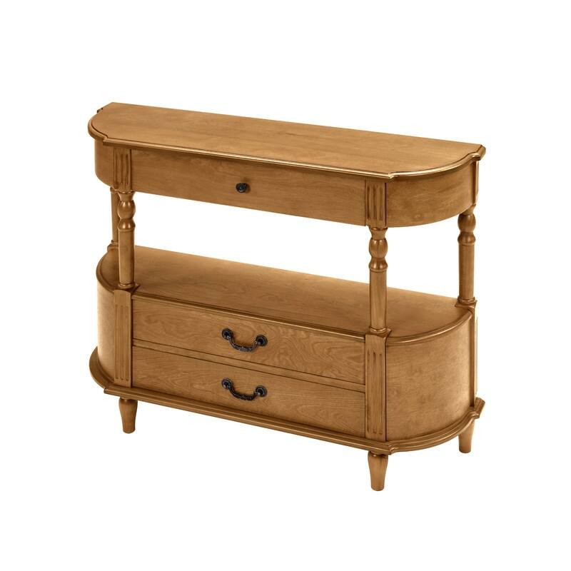 Retro 43" Curved Wood Console Table with 3 Drawers and Open Shelf, Sofa Table Behind Couch for Living Room and Hallway Storage