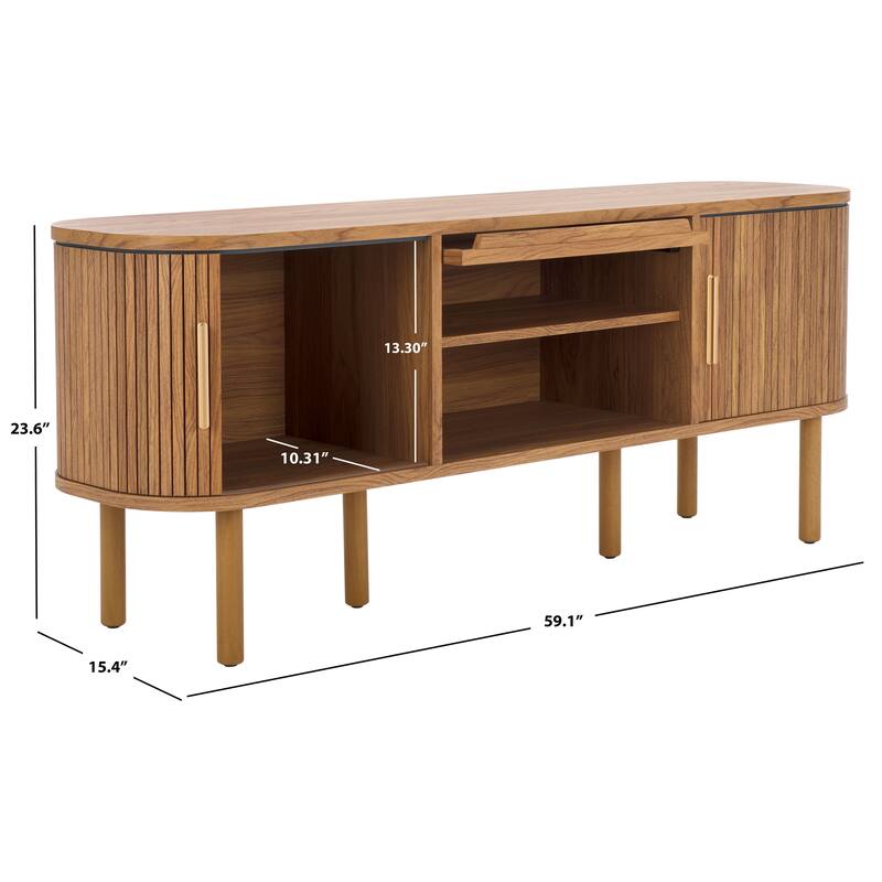 SAFAVIEH Home Tealla 2 Tambour & 1 Glass Lift Door Media Stand. - 59Wx15Dx24H - Oak/Gold.