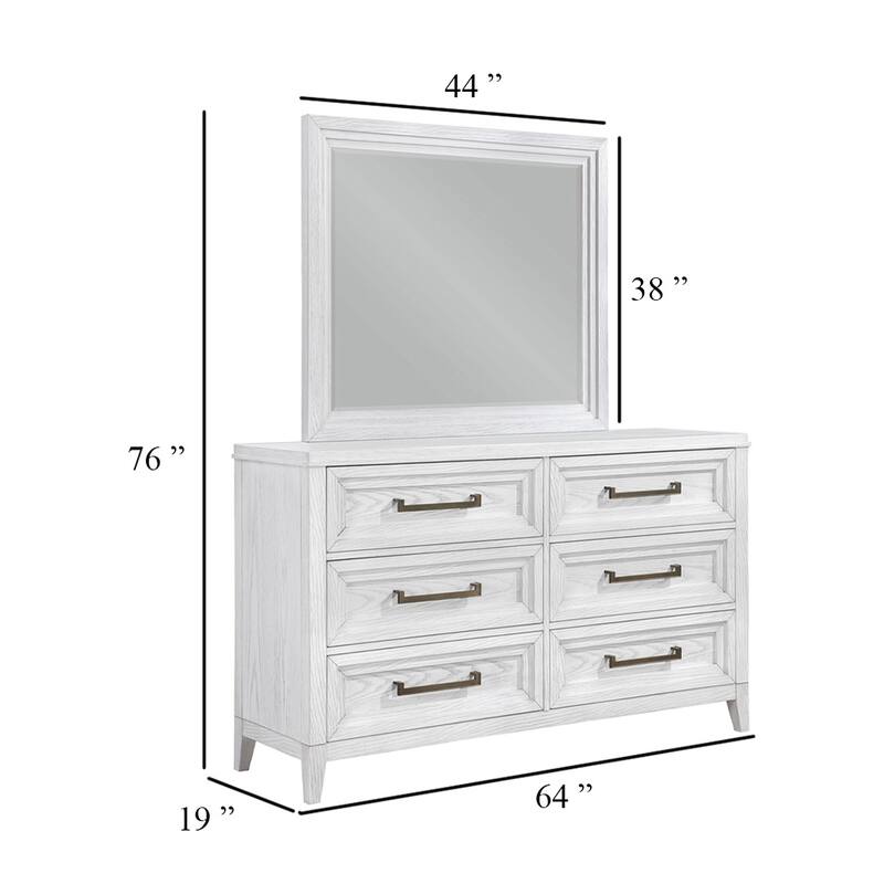 Leva Wide Dresser with Mirror, 6 Drawers, Distressed White Wood Frame