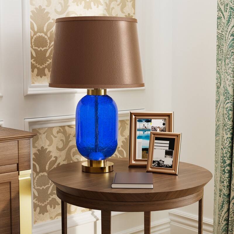 Bedside Table Lamp with 3-Way Lighting Modes for Bedroom Living Room - Coffee Brown & Blue-tinted Glass
