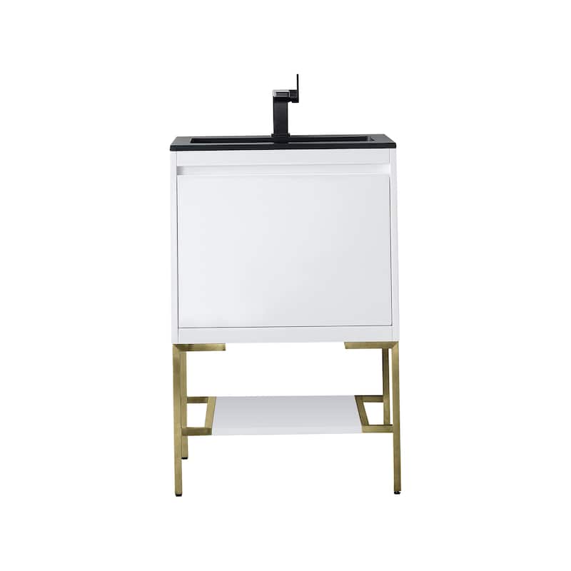 James Martin Vanities Mantova 23.6" Single Vanity Cabinet, Glossy White - Champagne Brass Base, Charcoal Black Top