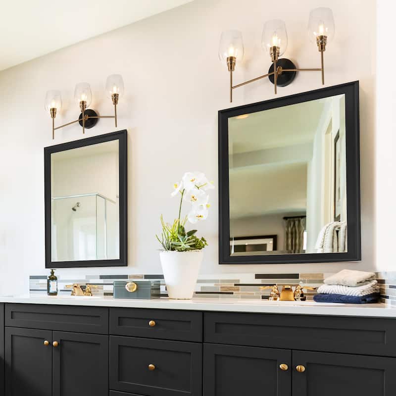 Denan Modern Glam Black Gold 3-Lights Bathroom Vanity Lights Bedroom Wall Sconces with Textured Glass