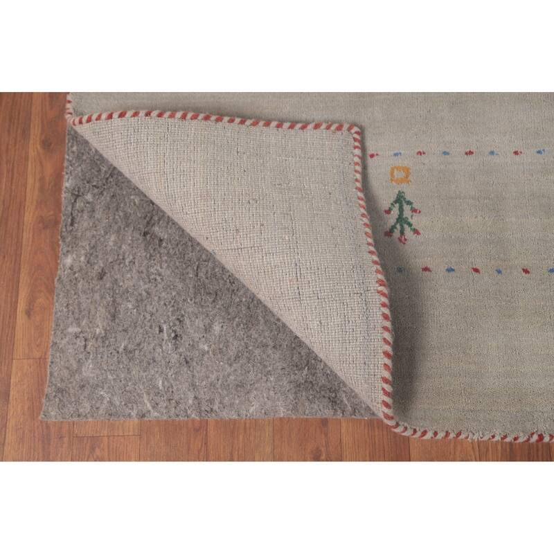 Tribal Gabbeh Area Rug Hand-Knotted Grey Wool Carpet - 7'11"x 9'7"