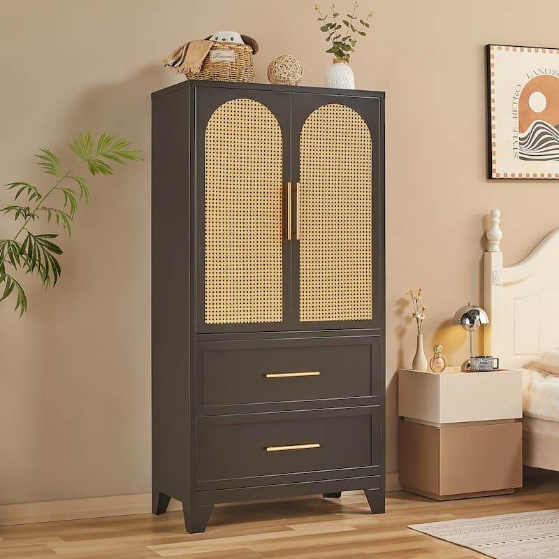 Rattan Armoire Wardrobe Closet Cabinet with Drawer & Hanging Rod - 65"H x 31.5"W x 17.7"D - Black