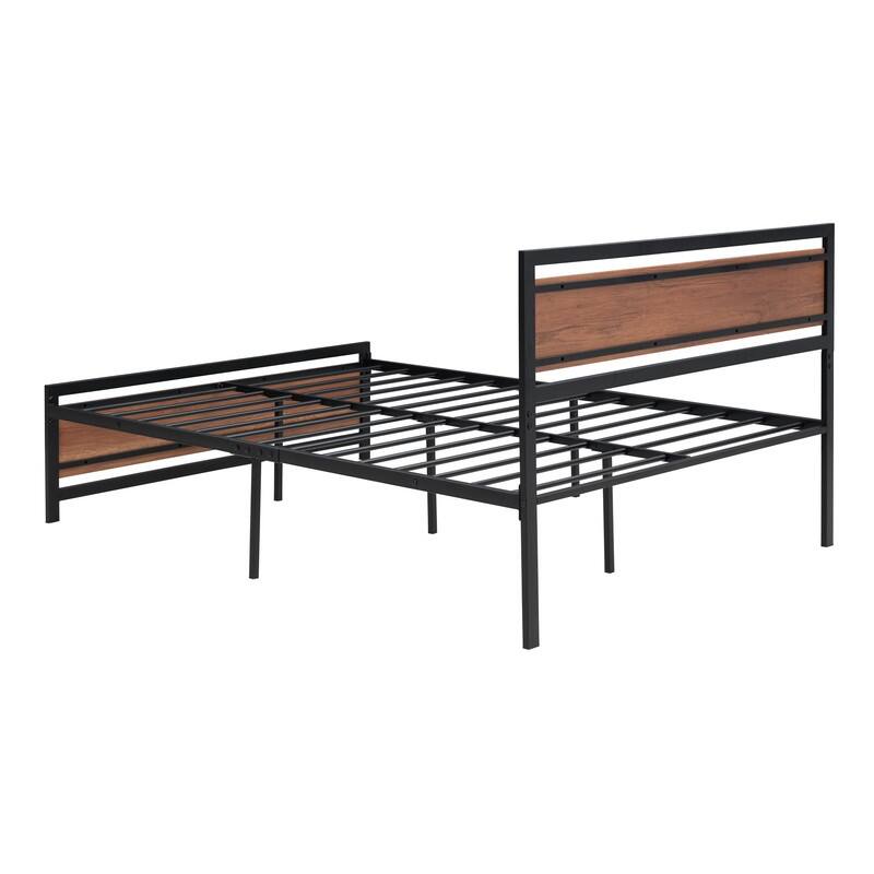 Full Size Platform Bed, Metal and Wood Bed Frame with Headboard and