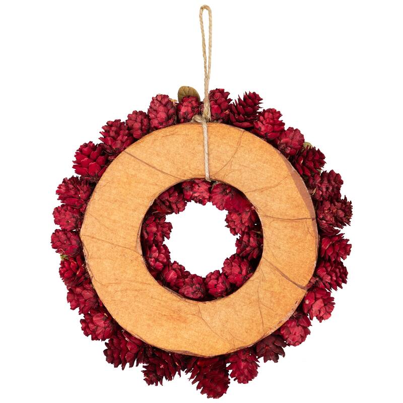Red Gold Pine Cone Ornament Artificial Christmas Wreath, 9.5", Unlit