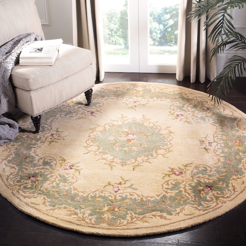 SAFAVIEH Handmade Bergama Folkea Oriental Hand-spun Wool Rug - 6' Round - Ivory/Light Blue