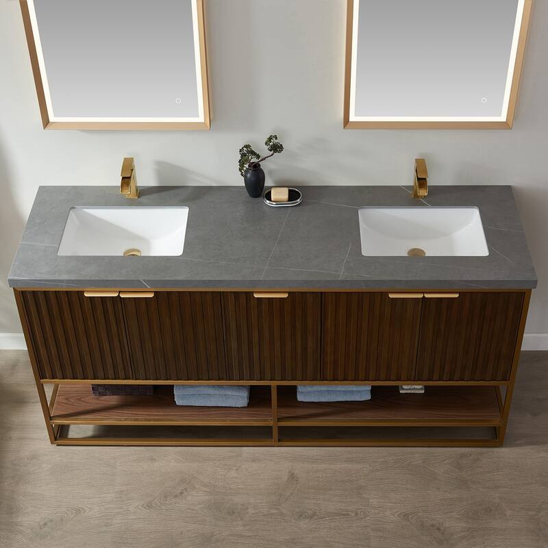 Donostia 72" Vanity in Walnut with stone countertop With Mirror