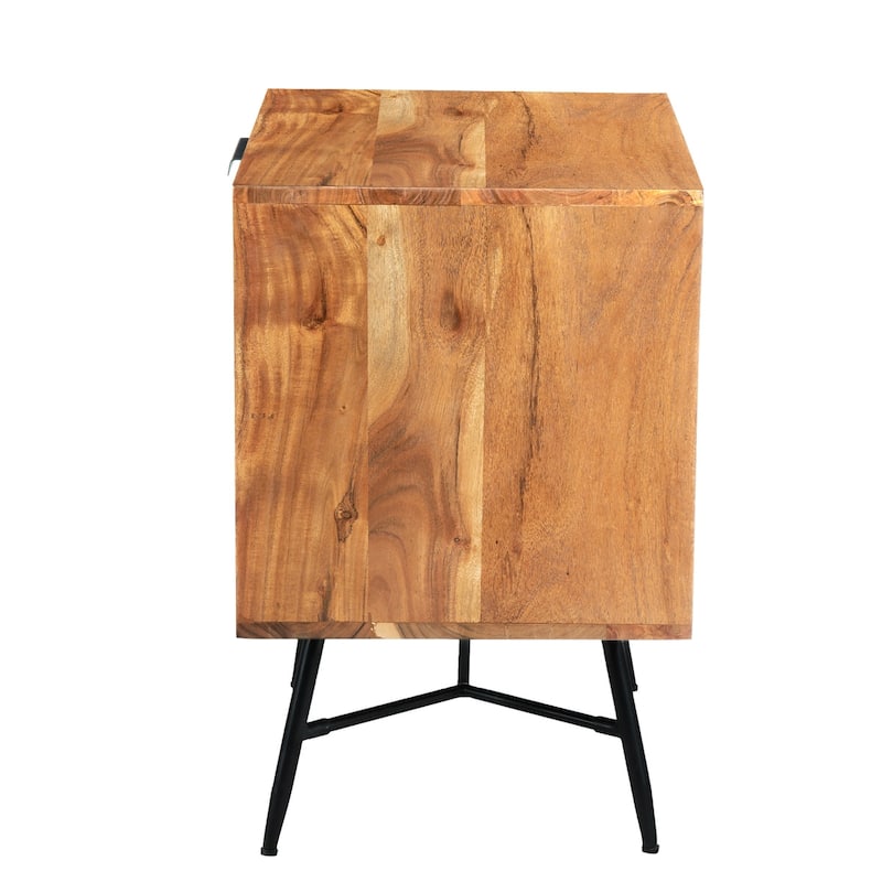 2 Drawer Wooden Nightstand with Metal Angled Legs, Black and Brown