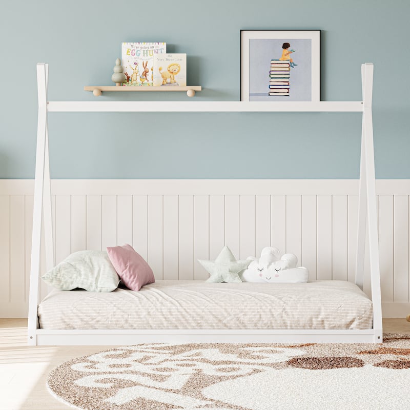 White Wooden Twin Size Tent Bed for Kids, Low-Floor House Shape Frame, Montessori Style Bed Without Slats