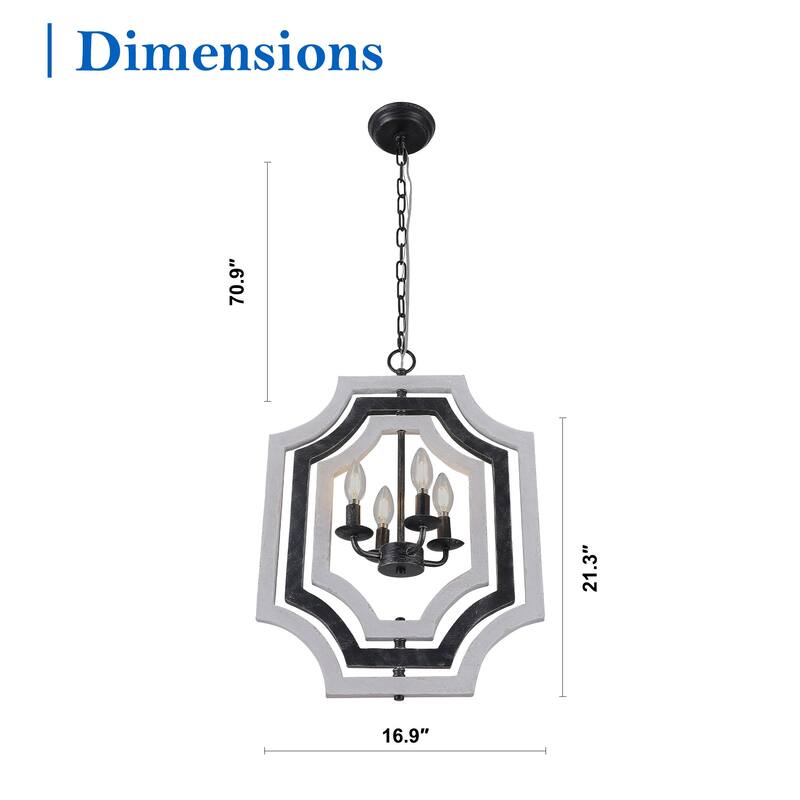 CurveCurio 18" Boho Adjustable Three-Tier Solid Wood Shade Pendant Light w 4 Lights, Austable Hanging Chain Chandelier