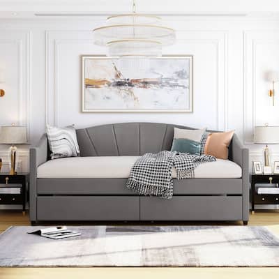 Upholstered Daybed Twin Size with Two Drawers and Wood Slat ,Beige