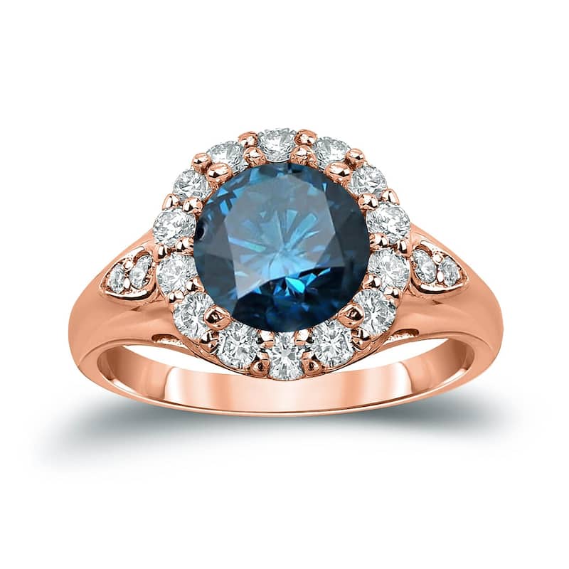 Auriya 14k Gold 3 1/3ctw Round Halo Blue Diamond Engagement Ring (H-I, SI1-SI2) - Rose - 4
