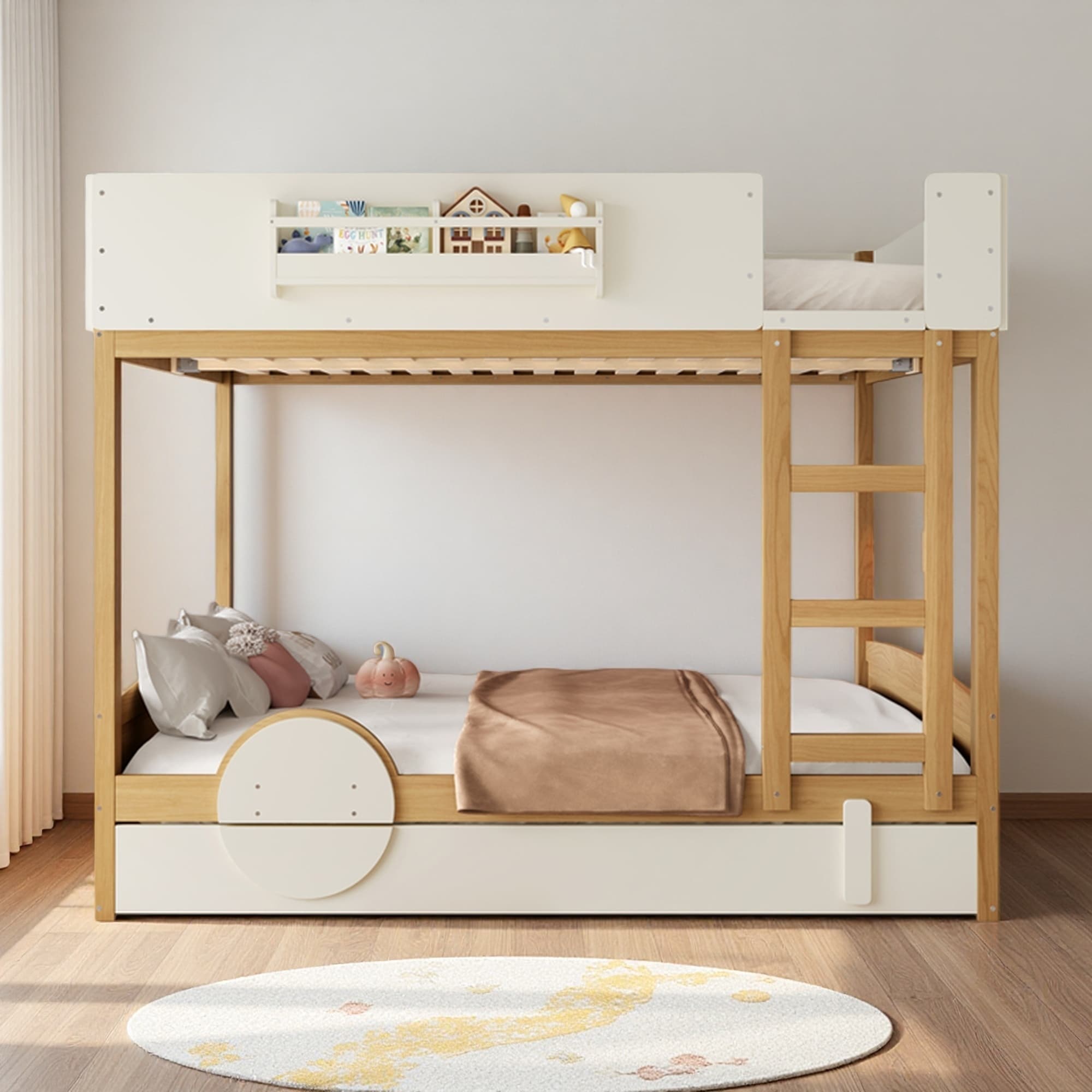 Queen Size Solid Wood Automobile Bunk Bed with Trundle, Built-in Bookshelf & High Safety Guardrails, Kids Car-Themed Bunk Bed