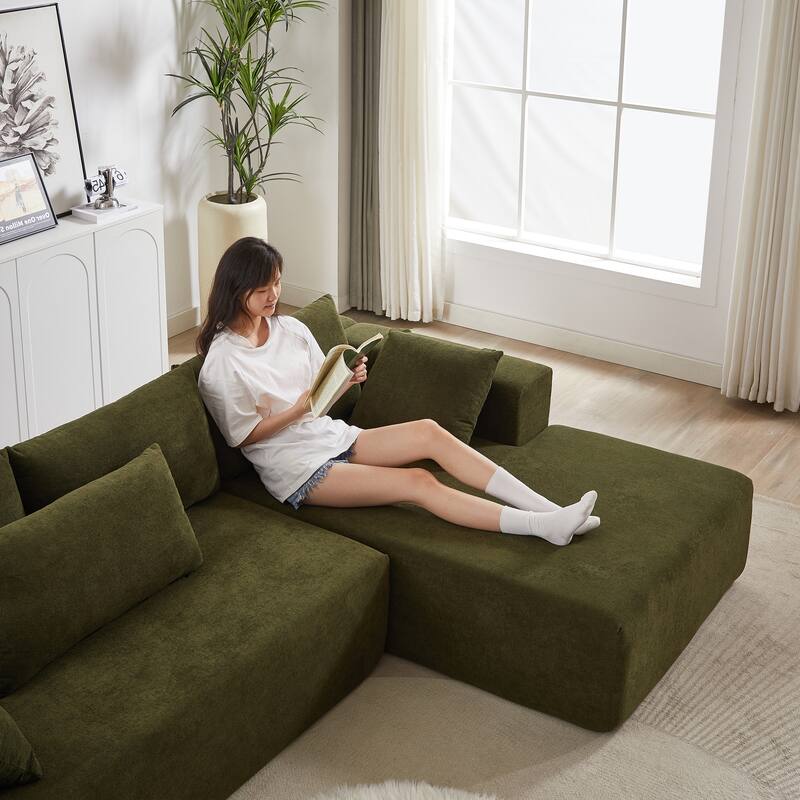 Free Combination Chenille Upholstered L-shaped Sectional Sofa with Loveseat and Single Chaise Living Room Couch Set with Pillows