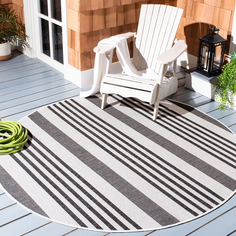 SAFAVIEH Beach House Mecbure Indoor/ Outdoor Waterproof Patio Backyard Rug - 6'7" Round - Light Grey/Charcoal