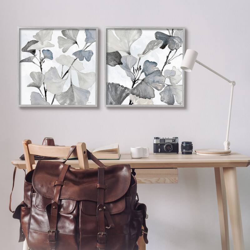 Stupell Elegant Monochromatic Plant Leaves Botanical Illustration Framed 2 Piece Wall Art - White