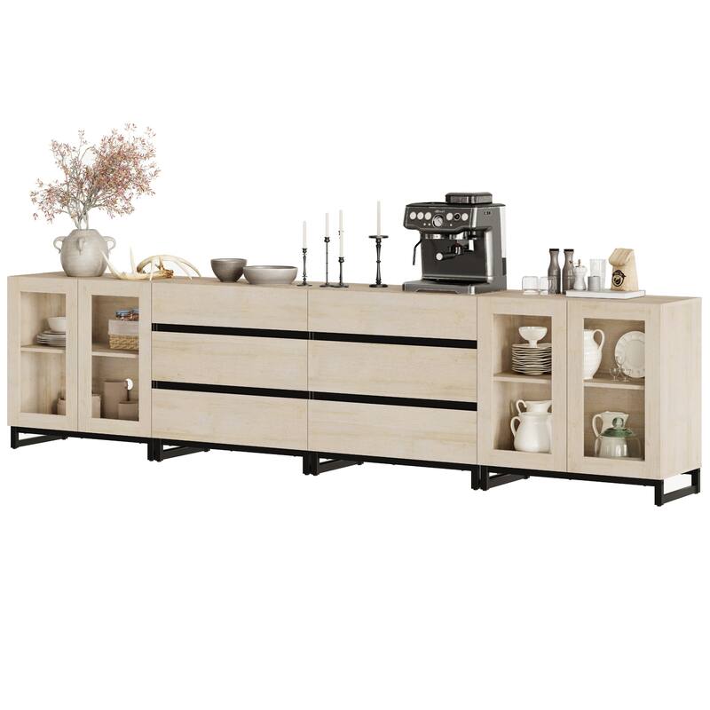 4 in 1 Multifunctional Dresser with Glass Doors & 6 Drawers, Adjustable Shelf Metal Base Storage Solution for Bedroom Closet