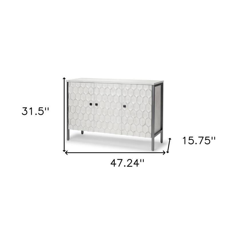 HomeRoots 47" White and Gray Wood and Metal Carved Geometric Accent Cabinet With Three Doors