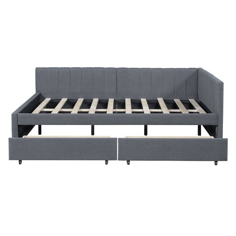 Linen Fabric Upholstered Daybed Frame Sofa Bed with 2 Storage Drawers