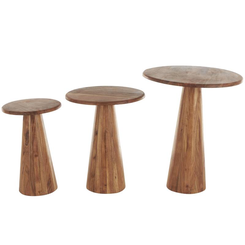 Brown or Light Brown Wood Side End Accent Table with Natural Wood Grains and Cone Shaped Bases (Set of 3)