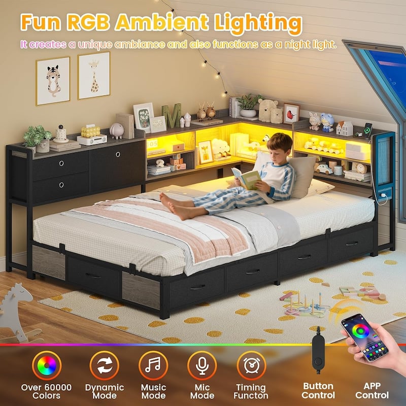 Corner Bed Frame Charging Station Twin Daybed 8 Storage Drawers Bookcase