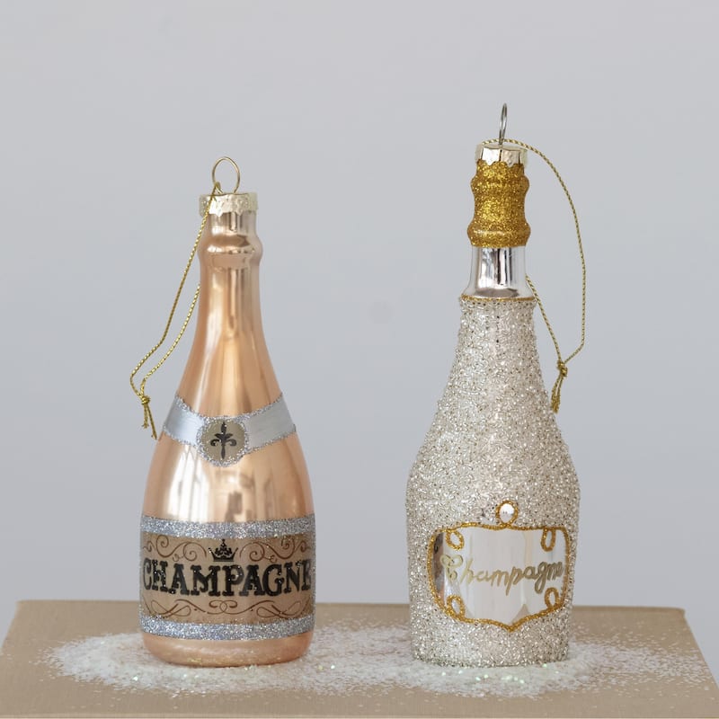 Glass Champagne Bottle Ornament with Glitter - 2.0"L x 2.0"W x 6.1"H