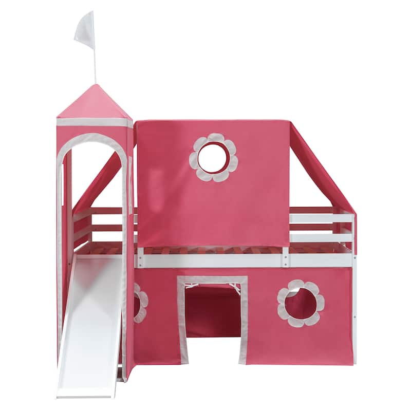 Twin Size Low Loft Bed with Slide & Play Tower, Solid Wood Floor Playhouse Bed Frame w/Tent & Window Design for Kids Girls Boys