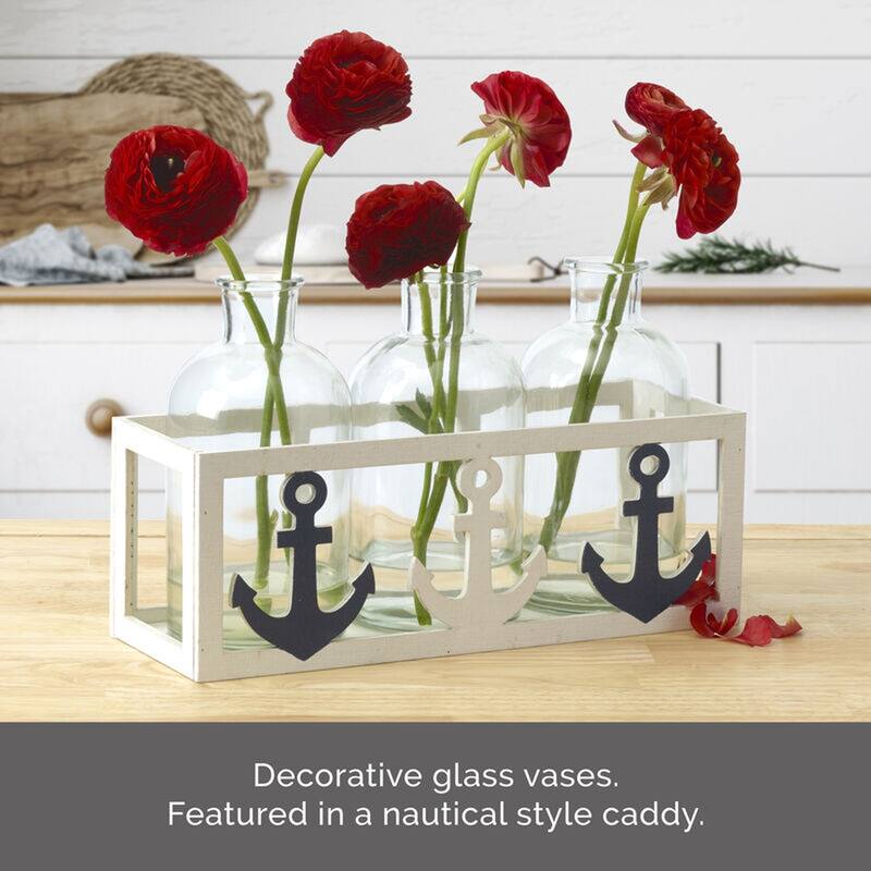 Elements Set of 3 Glass Vases with Nautical Caddy, 11X7 Inch