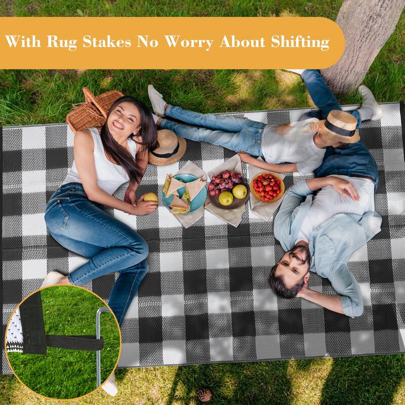 Outdoor Rug Waterproof Reversible Rug Indoor Outdoor Plaid Area Rug Plastic Straw Rug for Camping RV Backyard Patio