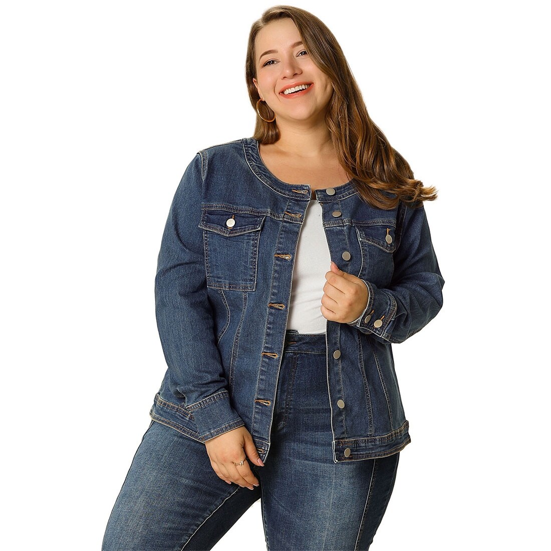 vagt Udelade domæne Women's Plus Size Long Sleeves Collarless Denim Jacket - Overstock -  23527396