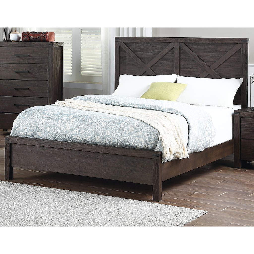 Queen Size Wood Panel Bed with X-Design Headboard and Rustic Contemporary Style