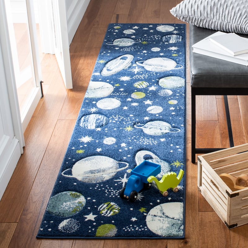 SAFAVIEH Carousel Kids Shaimaa Solar System Rug - 2' x 8' Runner - Navy/Ivory