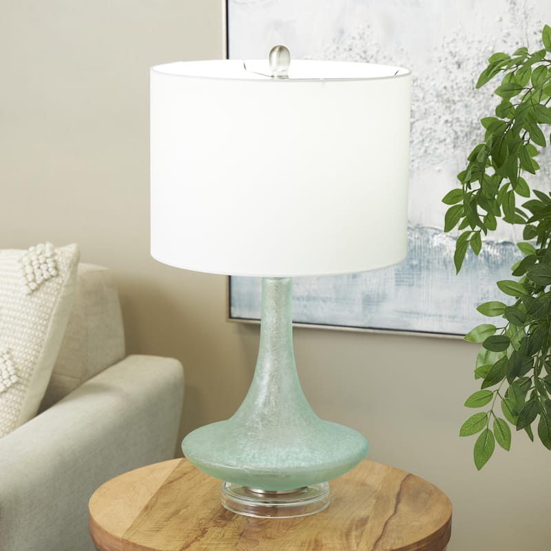 Glass Textured Frosted Round Room Table Lamp with White Drum Shade and Silver Base - Teal - Roche River Decor