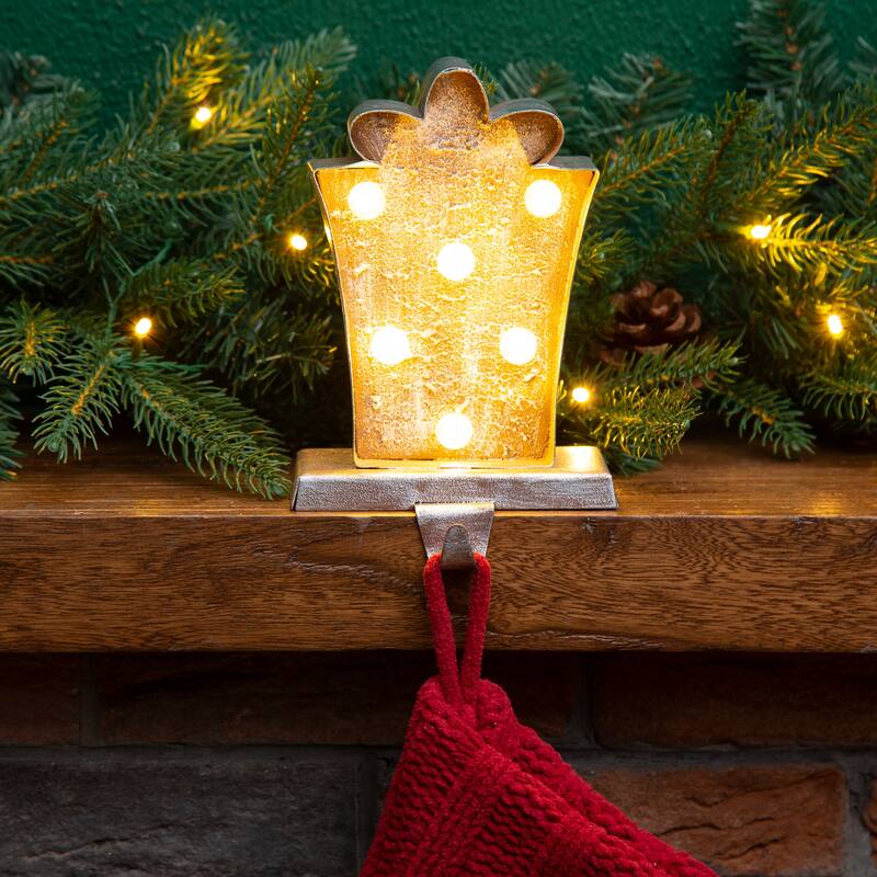 Glitzhome 7.5" H Christmas Silver LED Gift Box Heavy Duty Stocking Holders Mantel Ornament