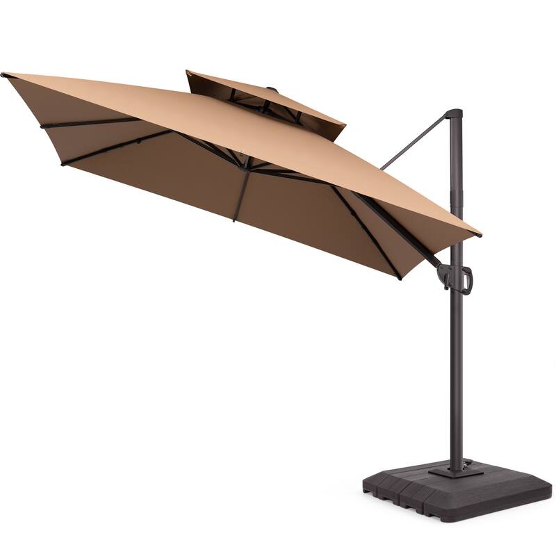 Pellebant 10 x 10 ft Square Outdoor Patio Cantilever-Offset Umbrella with Base Stand - Tan