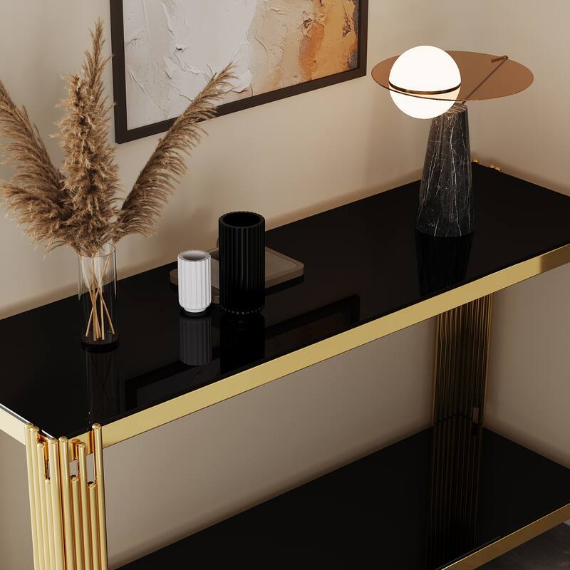 Top and Bottom Double Layer Tempered Glass Console Table and Mirror Finished Stainless Steel Frame