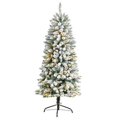 5ft. Slim Flocked Fir Artificial Christmas Tree with 150 Warm White LED Lights & 491 Branches - Petite Snowy Holiday X-Mas Tree