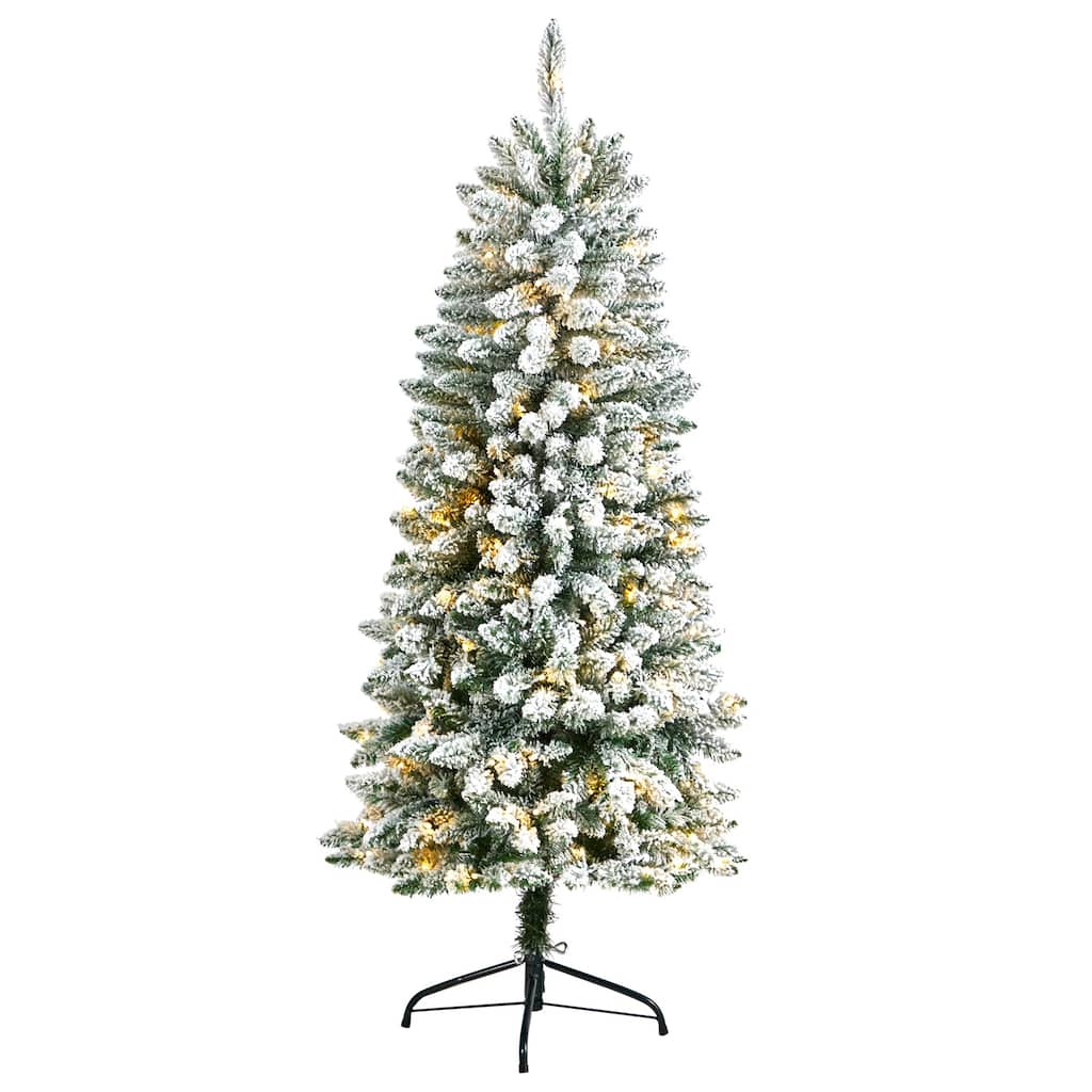 5ft Slim Artificial Christmas Tree with Lights - Winter Fir Tree, Prelit Holiday Decor, Realistic Flocked Tree - White - 60