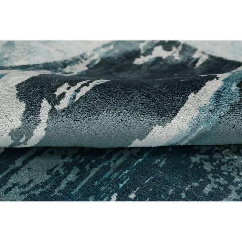 Hand Knotted Oriental Viscose Silk Carpet Modern Pictorial Navy Blue & Blues Abstract Area Rug - 7' 10'' X 5' 7''