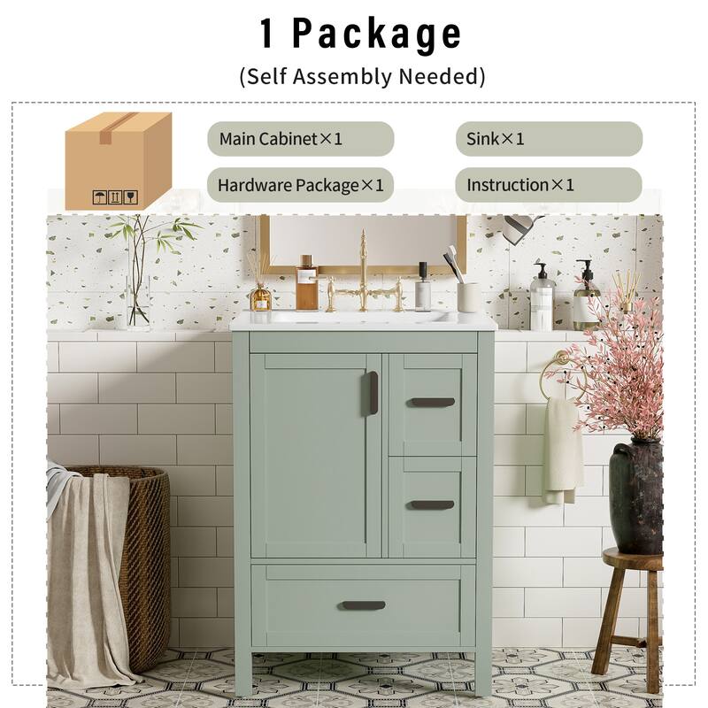 Solid Wood Frame Bathroom Vanity Cabinet with Ceramic Sink, Space-Saving 24-Inch Vanity
