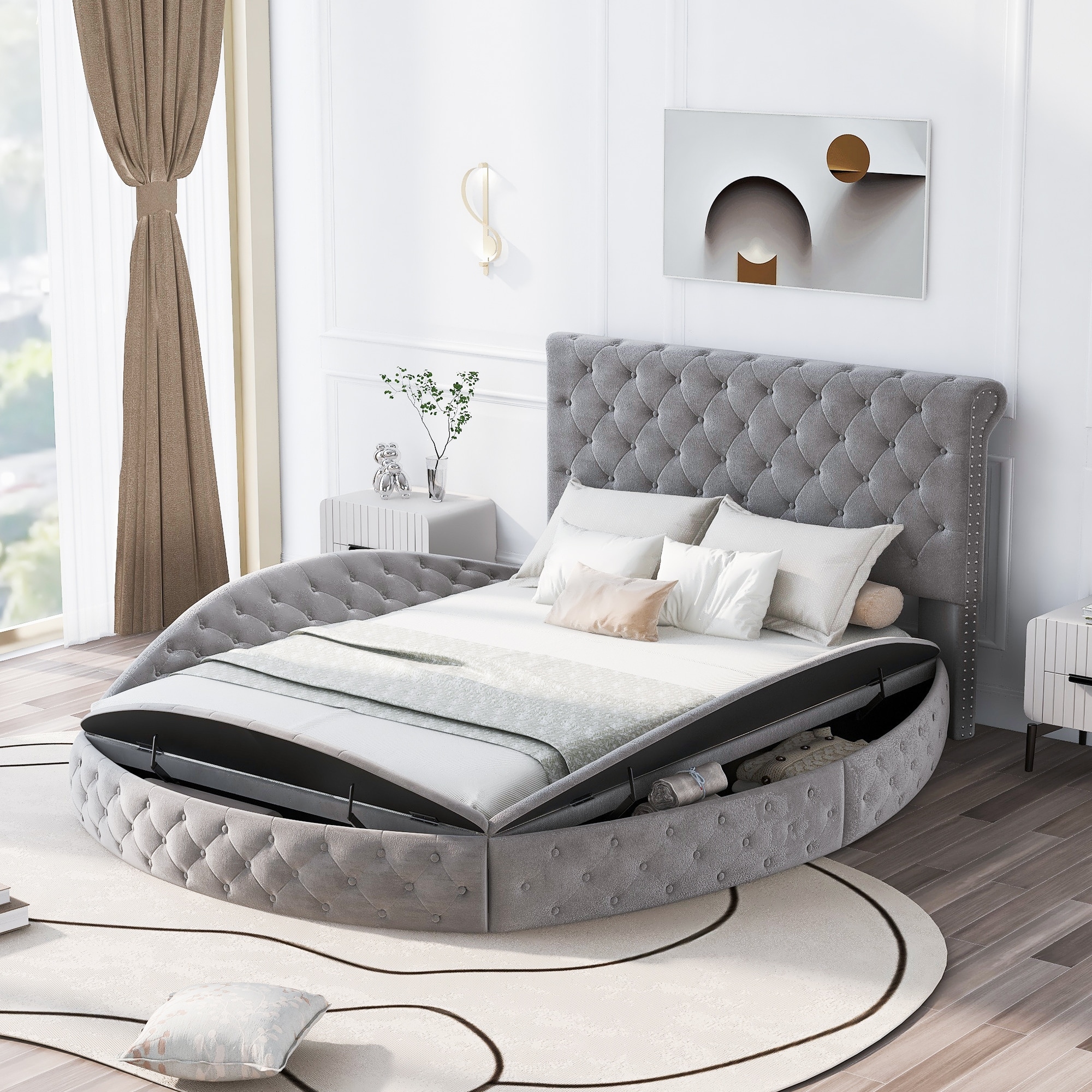 Francesca Queen Velvet Upholstered Round Platform Bed with Storage