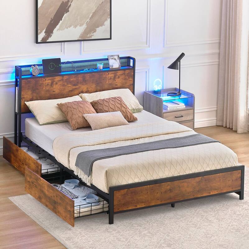 Bed Frame with Storage Drawers and Charging Station