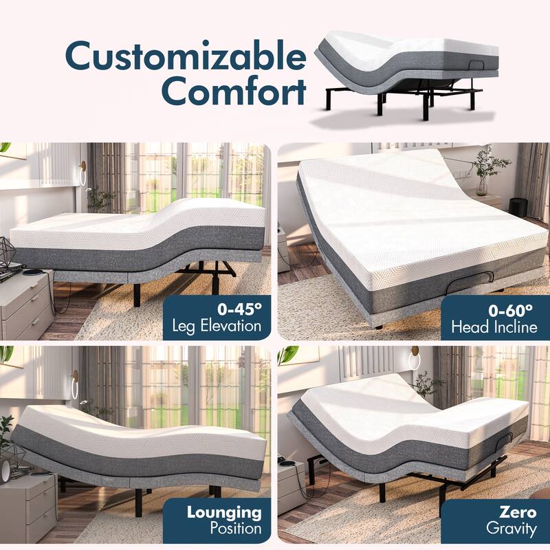 Renanim Adjustable Full Bed Frame with Hybrid Mattress, Dual Massage, USB Ports, App, Remote