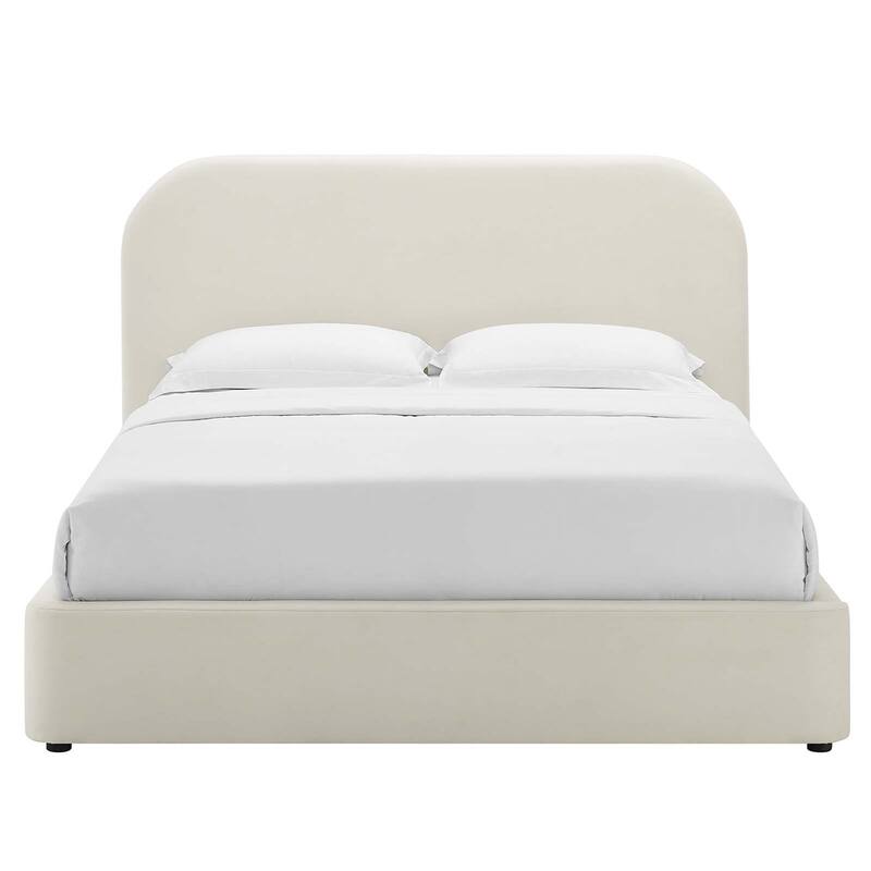 Hillsway Modern Curved Headboard Off-white Velvet Upholstered Full Size Platform Bed